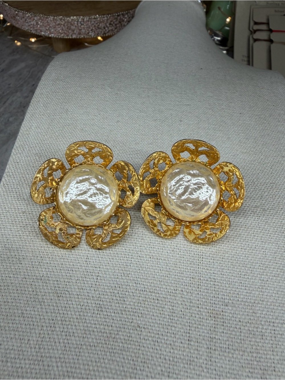 Vintage Celebrity Clip Earrings Big Flower Faux Pearl Floral Signed Jewelry